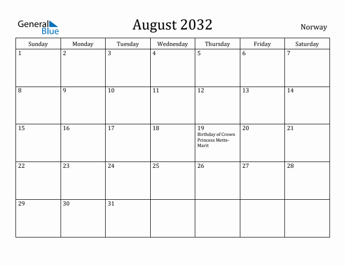 August 2032 Calendar Norway
