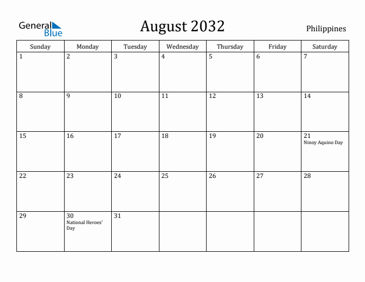 August 2032 Calendar Philippines