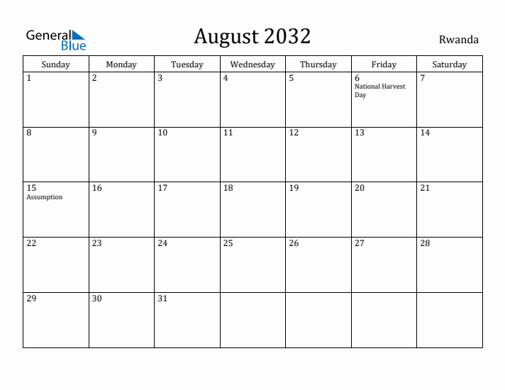 August 2032 Calendar Rwanda
