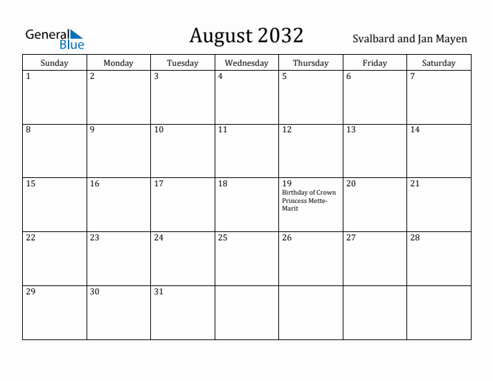 August 2032 Calendar Svalbard and Jan Mayen
