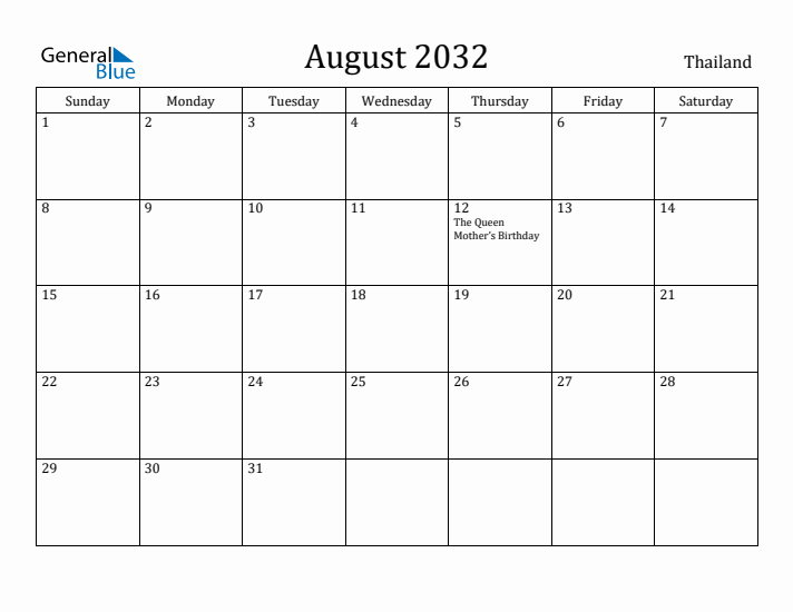 August 2032 Calendar Thailand