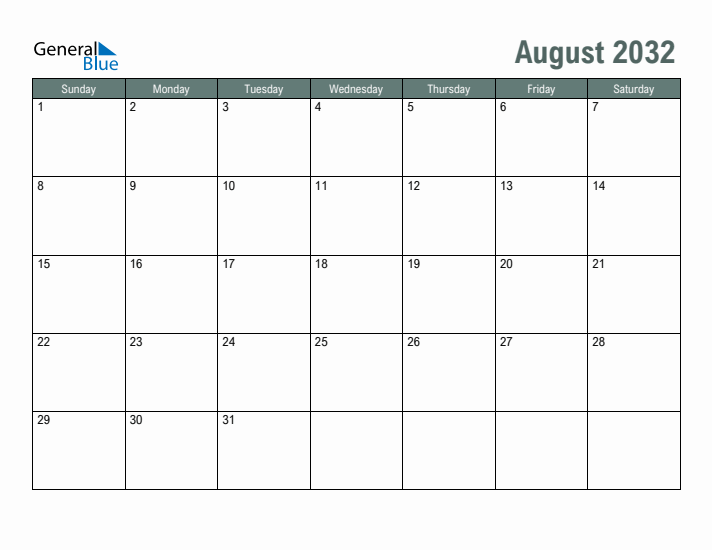 Free Printable August 2032 Calendar