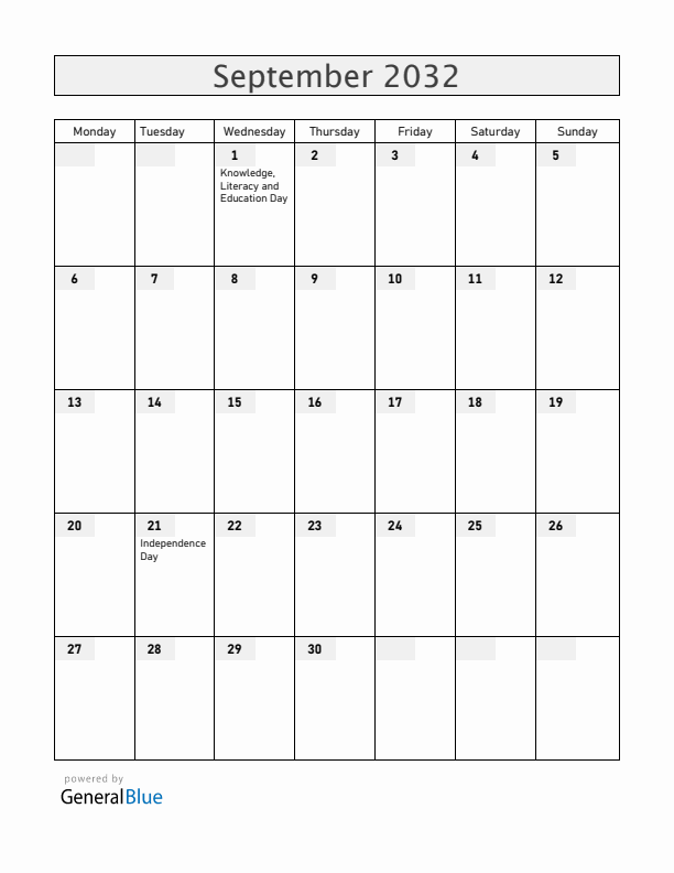 Armenia September 2032 Calendar with Holidays