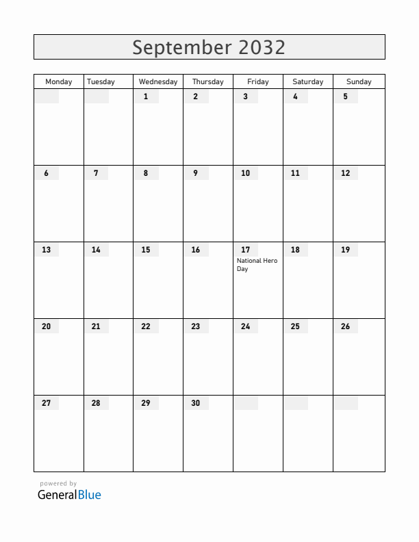 Angola September 2032 Calendar with Holidays