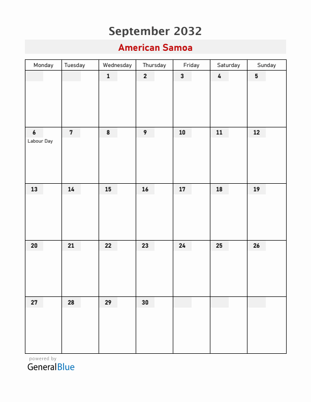 American Samoa September 2032 Calendar with Holidays