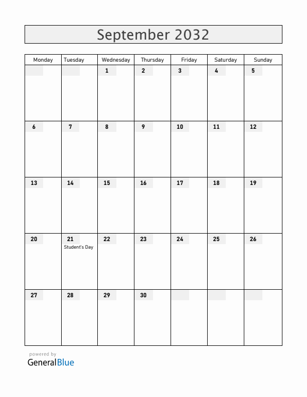 Bolivia September 2032 Calendar with Holidays