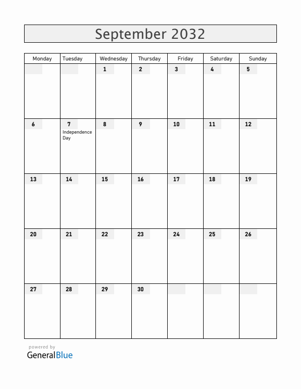 Brazil September 2032 Calendar with Holidays