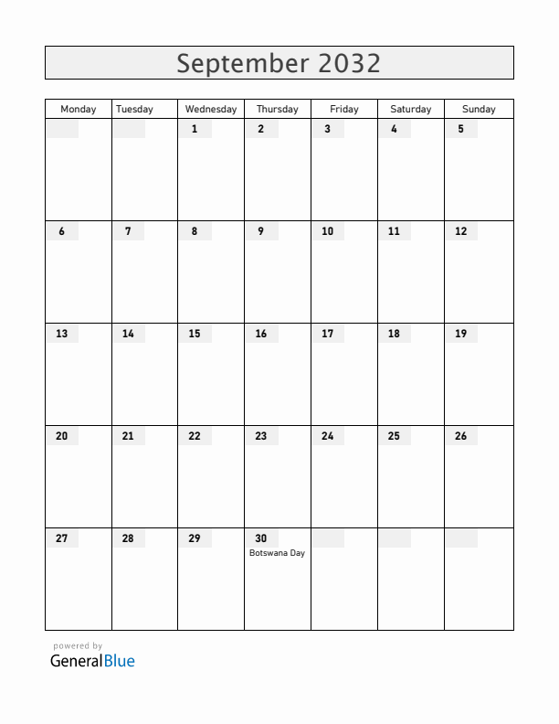 Botswana September 2032 Calendar with Holidays
