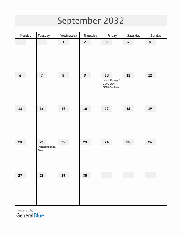 Belize September 2032 Calendar with Holidays