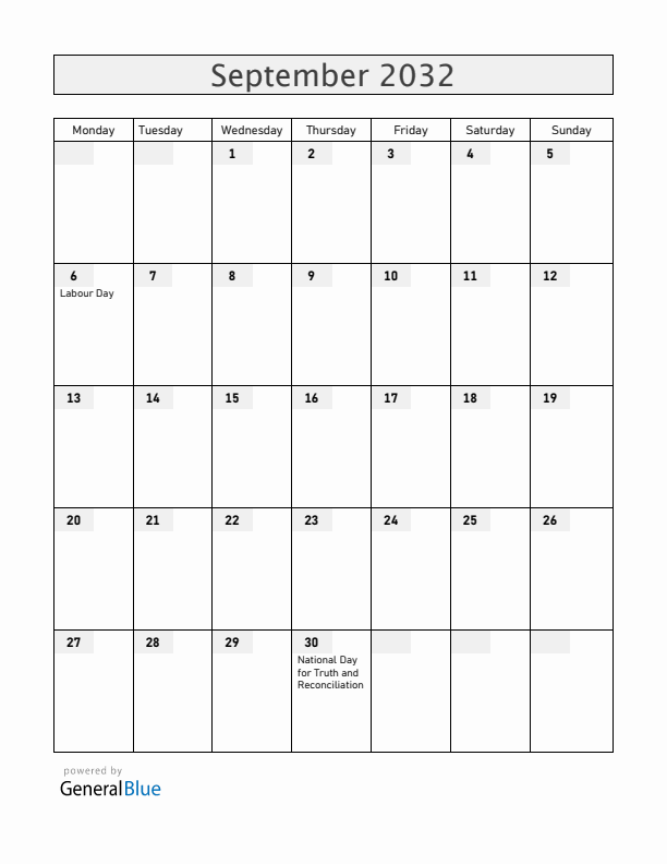 Canada September 2032 Calendar with Holidays