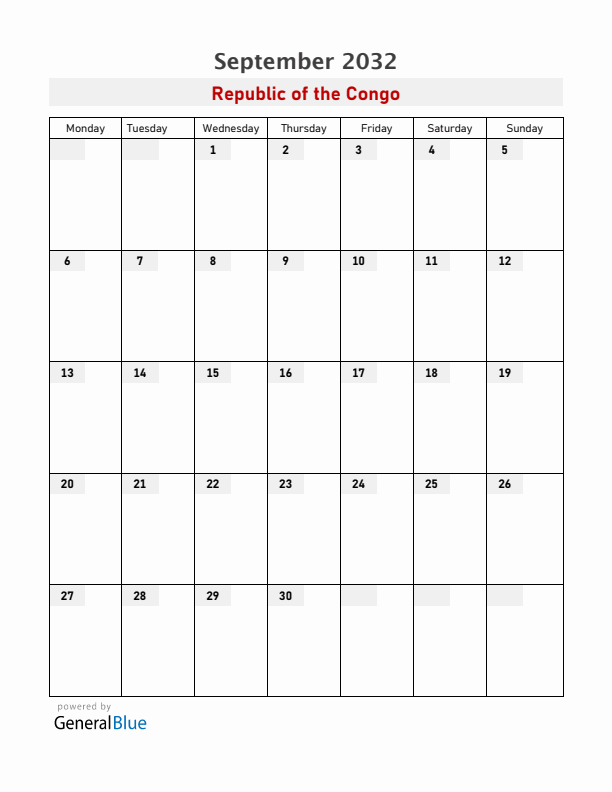 Republic of the Congo September 2032 Calendar with Holidays