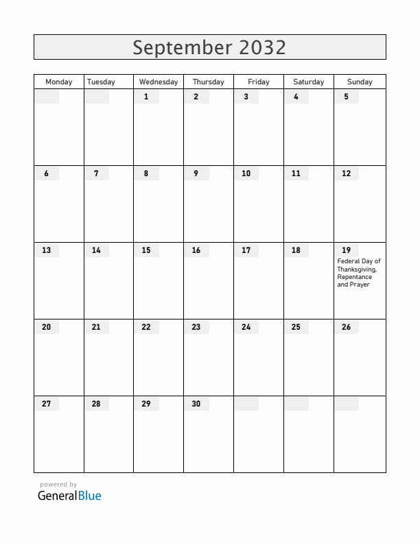 Switzerland September 2032 Calendar with Holidays