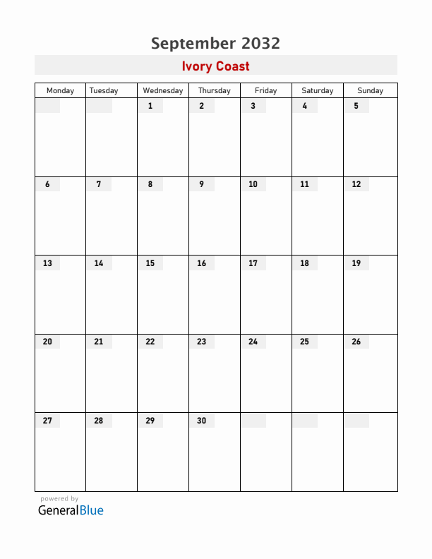 Ivory Coast September 2032 Calendar with Holidays
