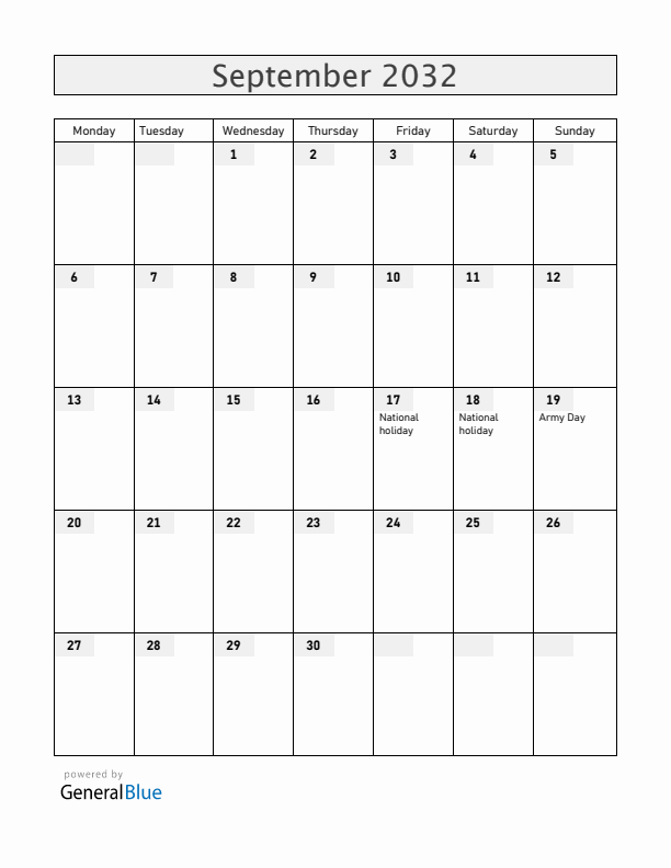 Chile September 2032 Calendar with Holidays
