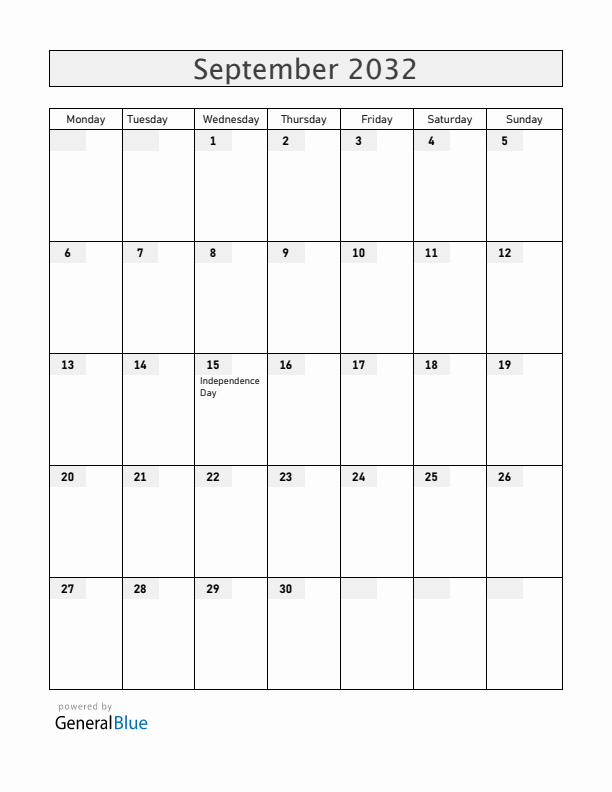 Costa Rica September 2032 Calendar with Holidays