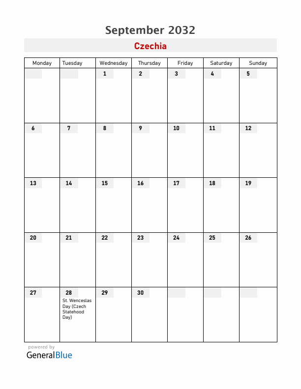 Czechia September 2032 Calendar with Holidays