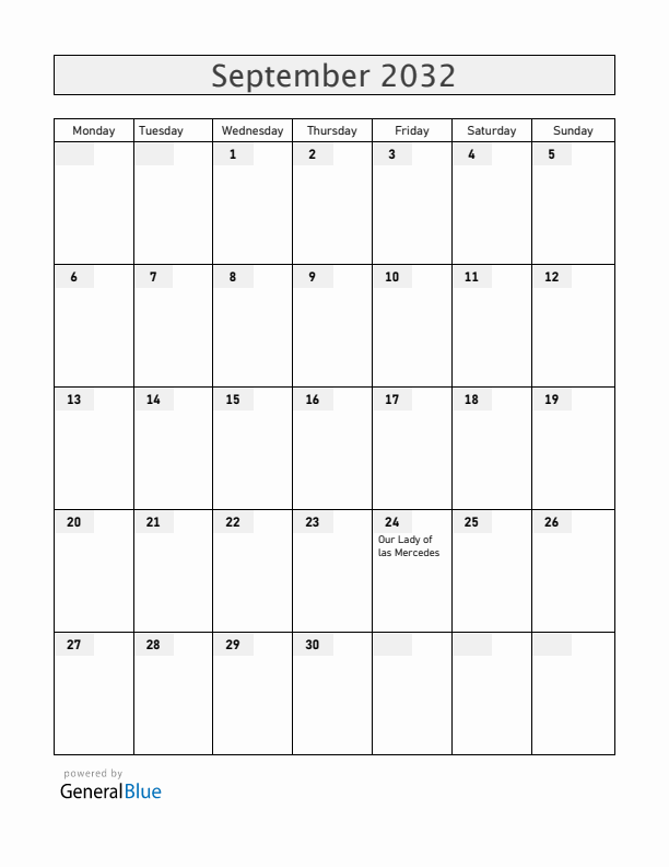 Dominican Republic September 2032 Calendar with Holidays