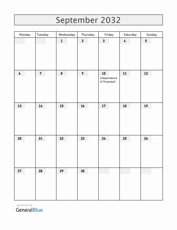 Ecuador September 2032 Calendar with Holidays