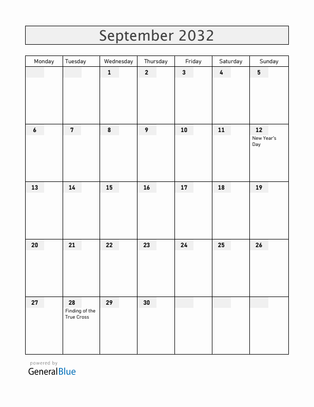 Ethiopia September 2032 Calendar with Holidays