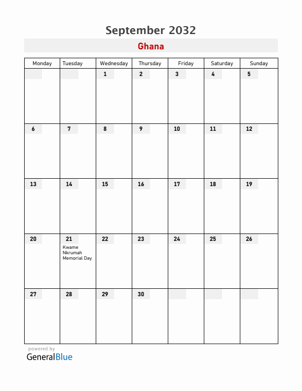Ghana September 2032 Calendar with Holidays