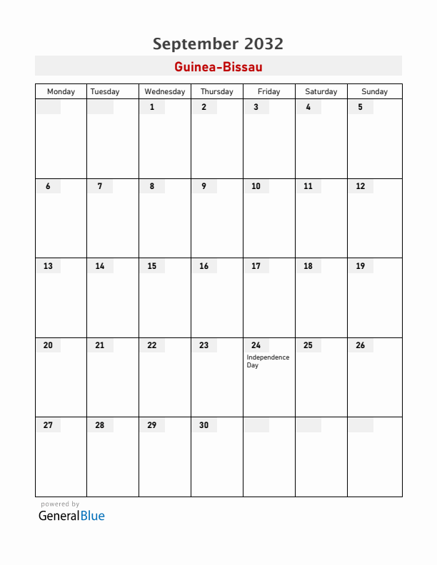 Guinea-Bissau September 2032 Calendar with Holidays