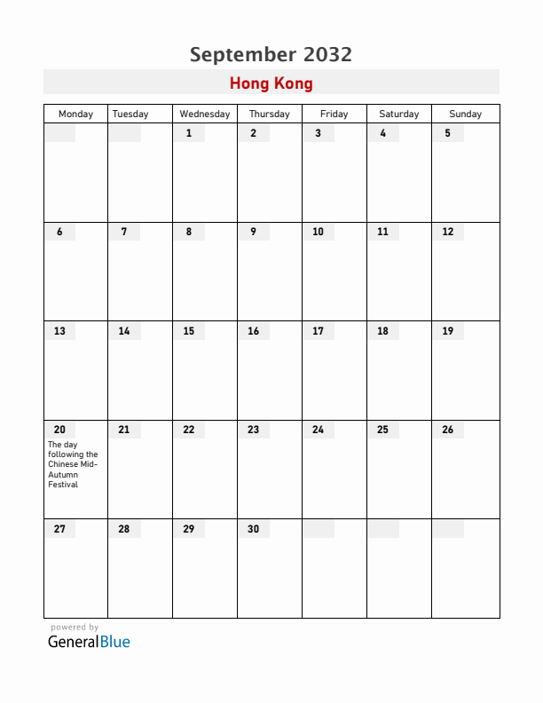 Hong Kong September 2032 Calendar with Holidays