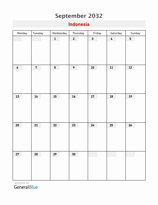 Indonesia September 2032 Calendar with Holidays