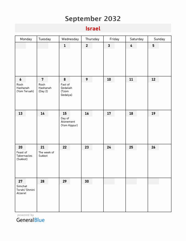 Israel September 2032 Calendar with Holidays