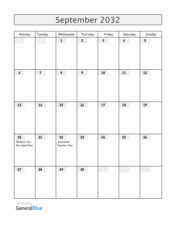 Japan September 2032 Calendar with Holidays