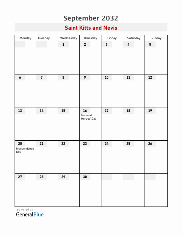 Saint Kitts and Nevis September 2032 Calendar with Holidays