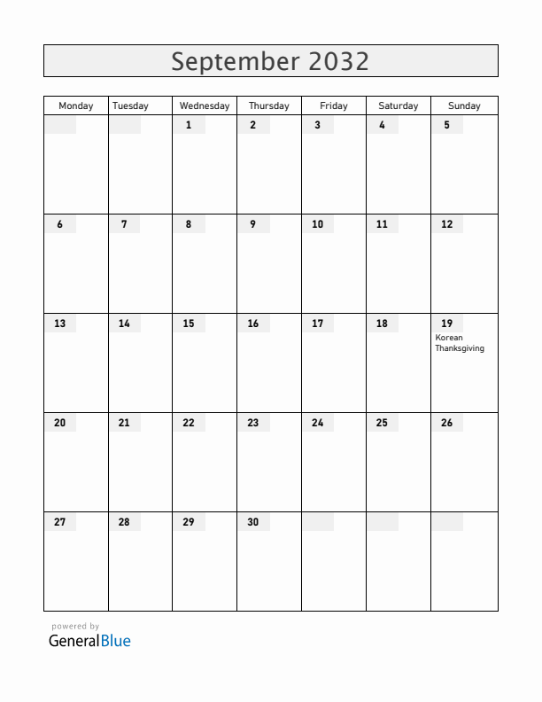 South Korea September 2032 Calendar with Holidays