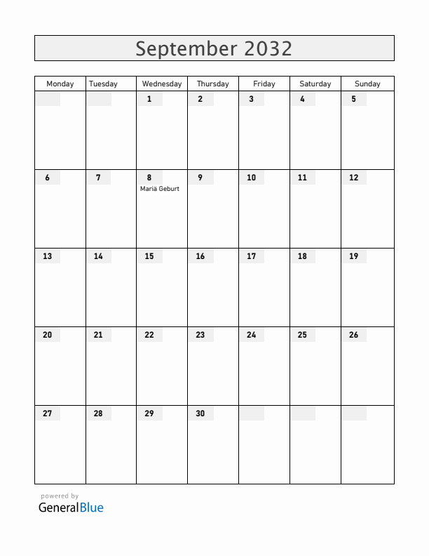 Liechtenstein September 2032 Calendar with Holidays