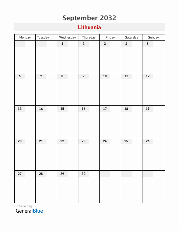 Lithuania September 2032 Calendar with Holidays