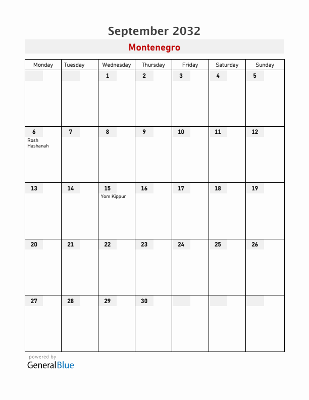 Montenegro September 2032 Calendar with Holidays