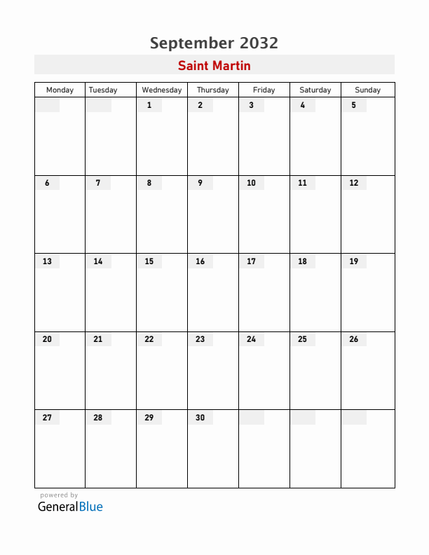 Saint Martin September 2032 Calendar with Holidays