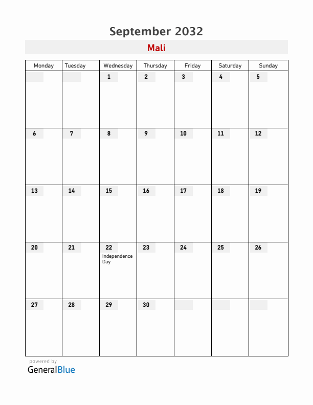 Mali September 2032 Calendar with Holidays