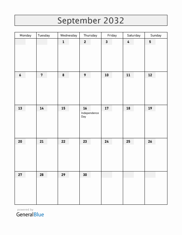 Mexico September 2032 Calendar with Holidays