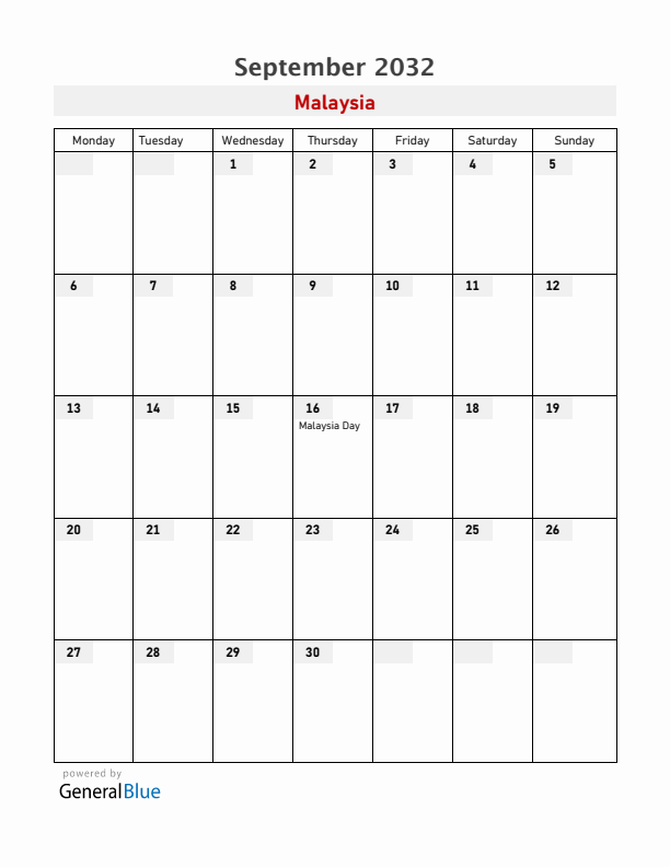 Malaysia September 2032 Calendar with Holidays