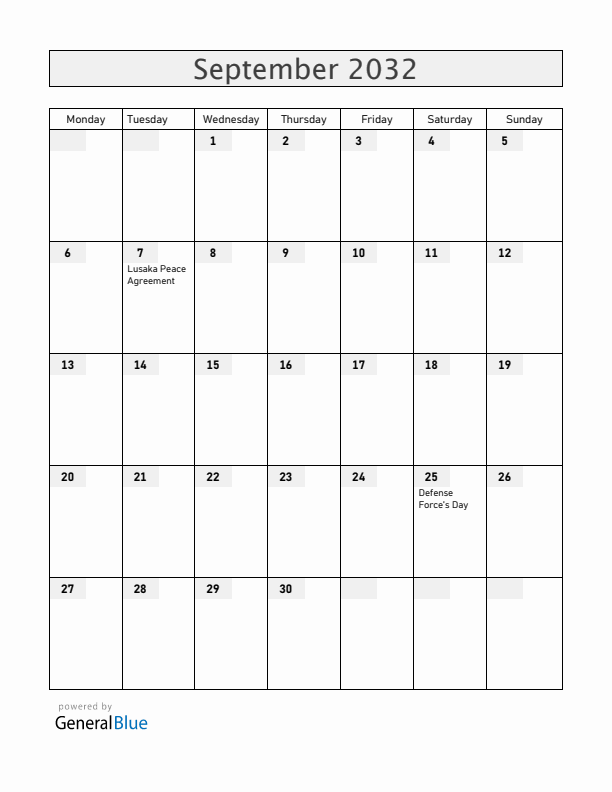 Mozambique September 2032 Calendar with Holidays