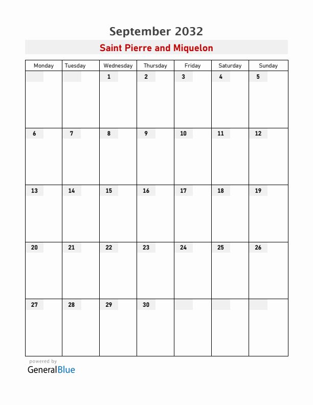 Saint Pierre and Miquelon September 2032 Calendar with Holidays