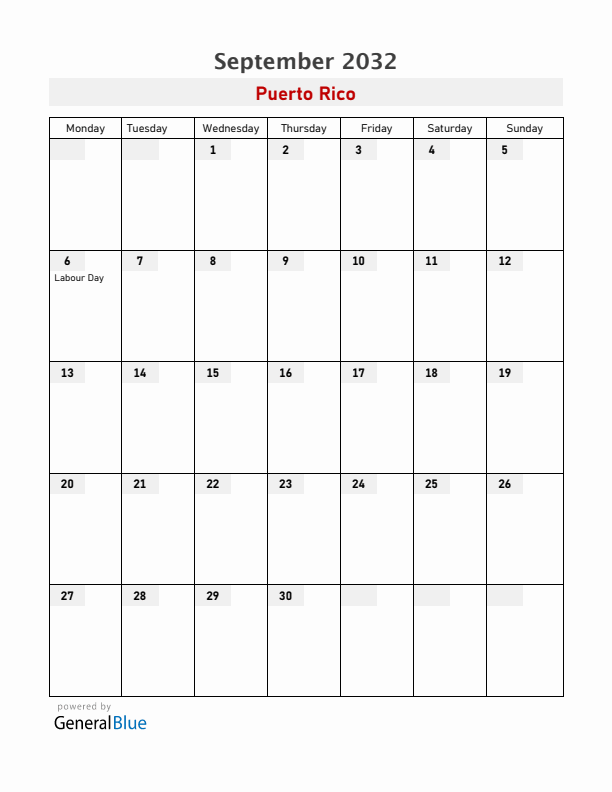 Puerto Rico September 2032 Calendar with Holidays