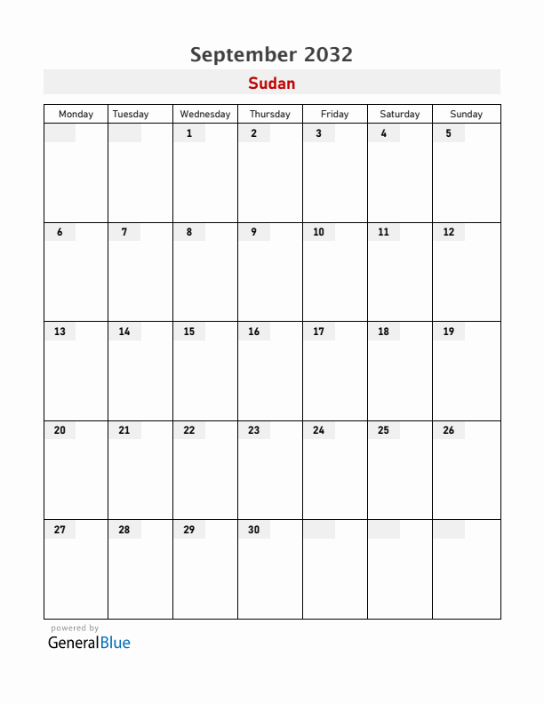 Sudan September 2032 Calendar with Holidays