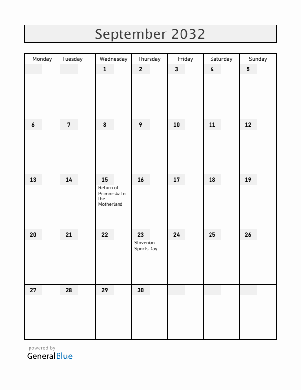 Slovenia September 2032 Calendar with Holidays