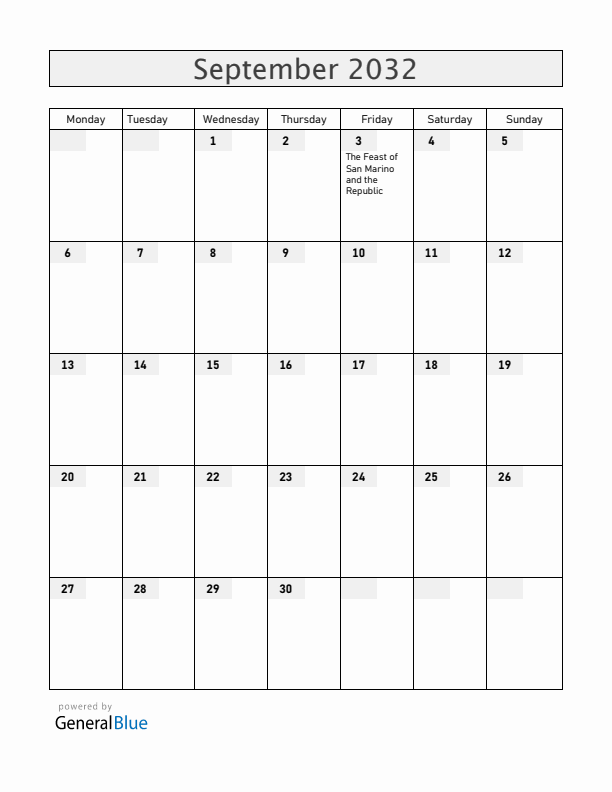 San Marino September 2032 Calendar with Holidays