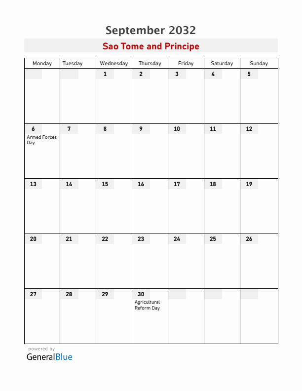 Sao Tome and Principe September 2032 Calendar with Holidays