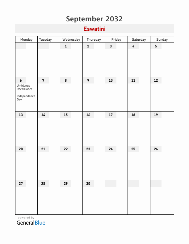 Eswatini September 2032 Calendar with Holidays