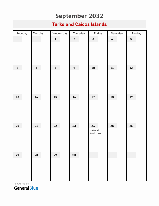 Turks and Caicos Islands September 2032 Calendar with Holidays