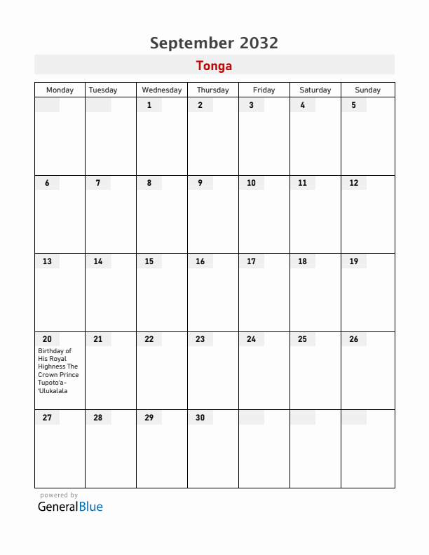 Tonga September 2032 Calendar with Holidays