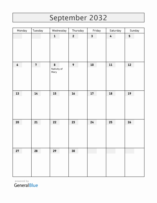 Vatican September 2032 Calendar with Holidays