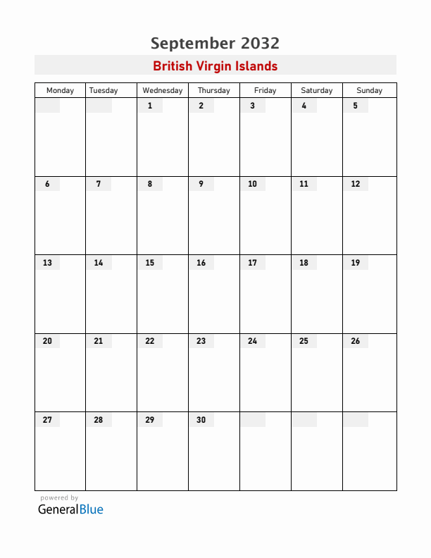 British Virgin Islands September 2032 Calendar with Holidays